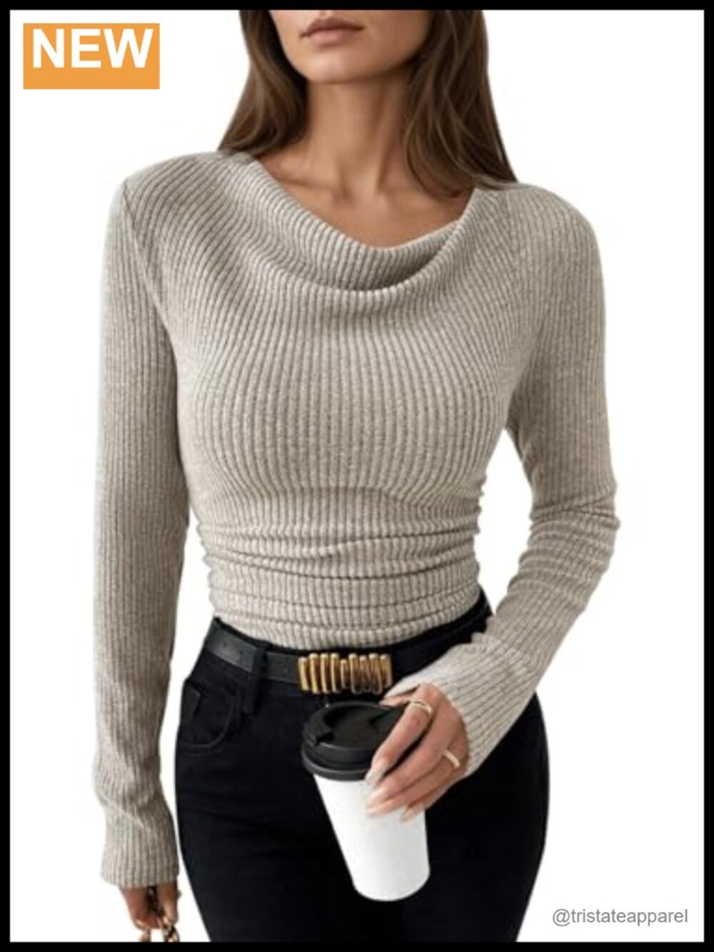 Long Sleeve Cowl Neck Ruched Slim Fit Ribbed Knit Top